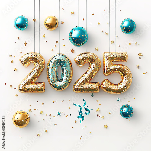 Hello 2025 greeting card design. Happy New Year 2025 text with realistic festive fireworks explosions isolated on white background. Congratulation banner Generative AI	