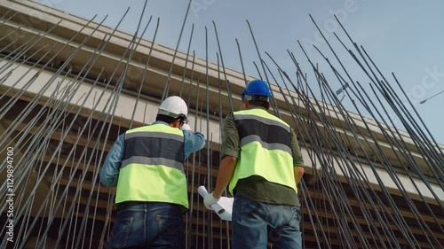 team of engineers is inspecting the construction of the foundation for the construction of the public transport system.
