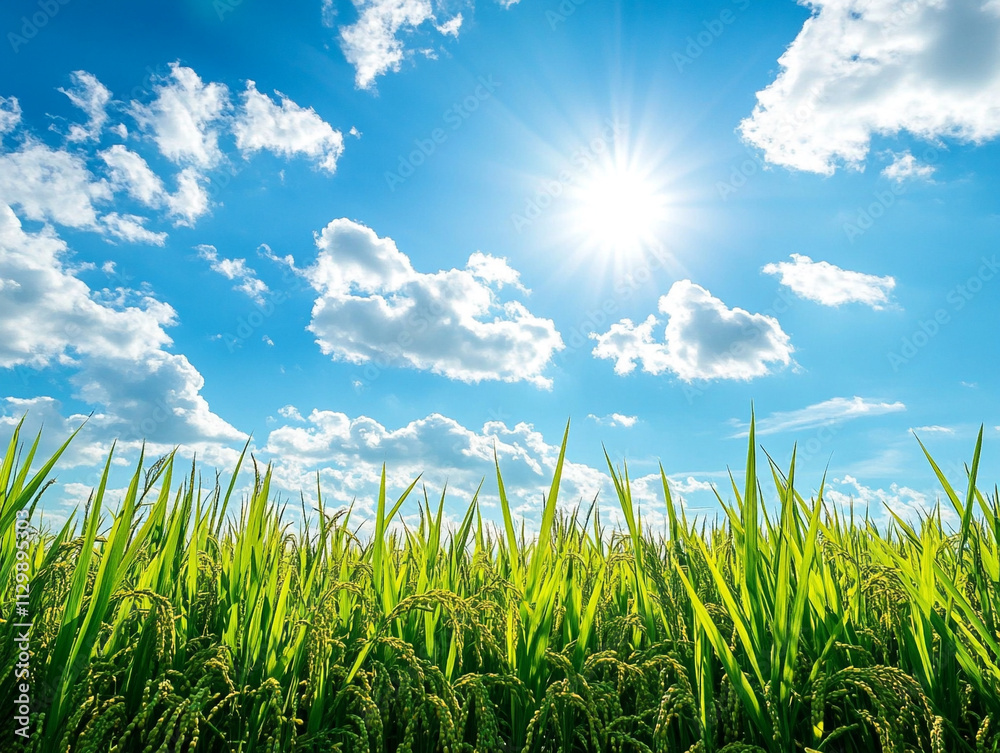 Obraz premium Low angle view of rice paddy against sunshine background ai generated