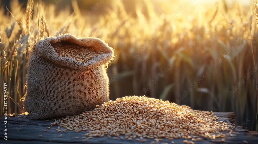 Golden wheat grains spilling from burlap sack in a field at sunset. Golden wheat grains spilling from burlap sack in a field at sunset.