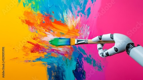 A close-up of a robotic hand holding a paintbrush, painting colorful abstract strokes on a vibrant background. The image merges technology and creativity, representing futuristic art forms.. AI photo