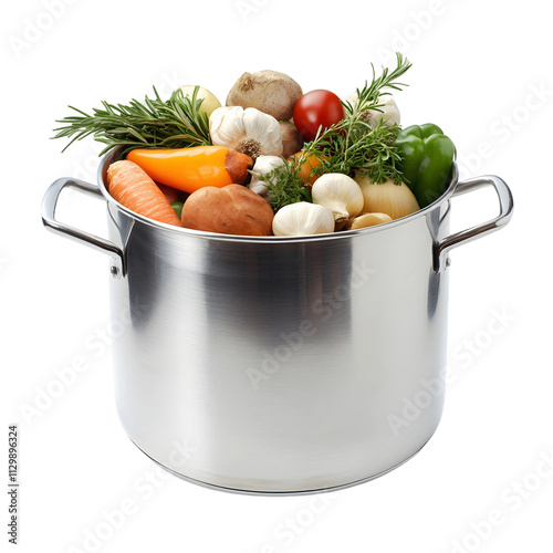 A large silver pot filled with a variety of vegetables including carrots