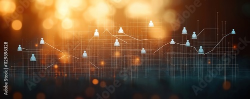 Sunrise illuminates transparent organizational chart. White lines, icons connect people figures. Structure, hierarchy symbolized. Visualizes company organization team dynamic. Modern technology, tech
