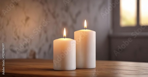 a white candle on a wooden table with soft light, rustic decor, white candle