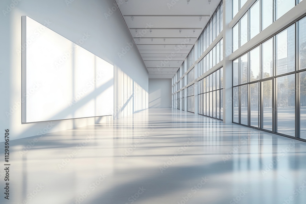 Modern empty gallery hall mockup shows large blank banner exposition template. Sunlight casts shadows on wide floor. Big windows reveal cityscapes. Ideal for showcasing contemporary art exhibitions. Modern empty gallery hall mockup shows large blank banner exposition template. Sunlight casts shadows on wide floor. Big windows reveal cityscapes. Ideal for showcasing contemporary art exhibitions.
