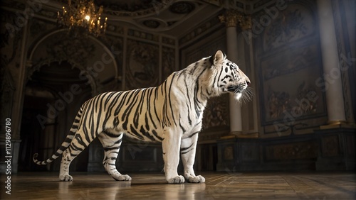 Full Body Portrait of a Majestic White Tiger in a Scenic Setting: Perfect for Wildlife Conservation Awareness and Educational Materials photo