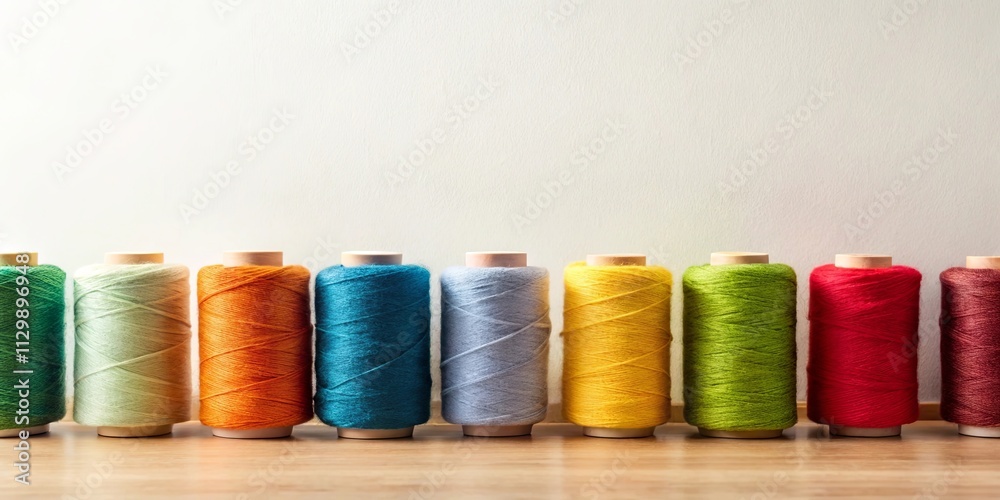Vibrant spools of thread in a rainbow spectrum arranged on a wooden surface against a neutral background Vibrant spools of thread in a rainbow spectrum arranged on a wooden surface against a neutral background