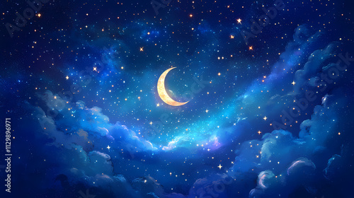 Beautiful shimmering aurora borealis in a dark blue sky with glittering stars and a crescent moon, ethereal, aurora borealis, cosmic, iridescent. Aurorae. Illustration photo