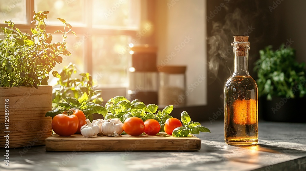 Sunlit kitchen counter with herbs, tomatoes, garlic, and olive oil. Sunlit kitchen counter with herbs, tomatoes, garlic, and olive oil.