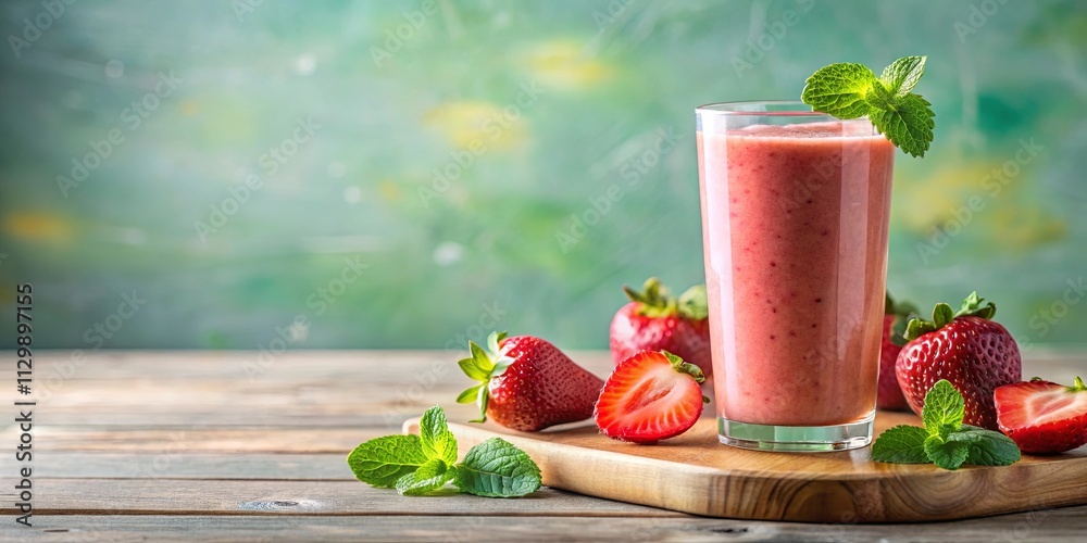 Refreshing Strawberry Smoothie with Fresh Mint on Wooden Board Refreshing Strawberry Smoothie with Fresh Mint on Wooden Board