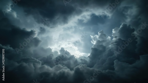 Dramatic sky with heavy dark clouds. Faint light shines through clouds. Dark clouds fill entire sky. Stormy weather coming. Image evokes sense of impending storm mystery. Ideal for backgrounds in