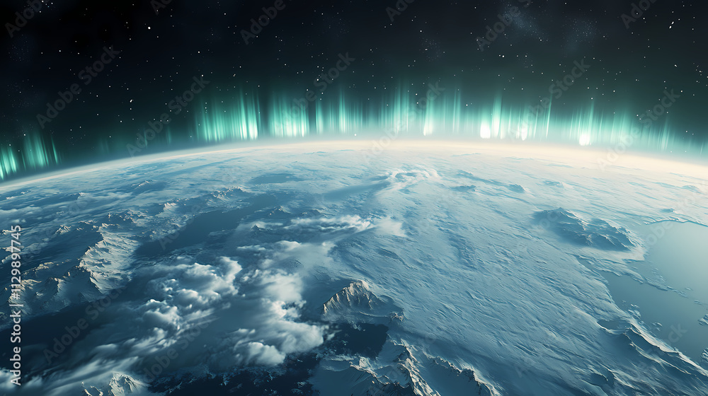 Fototapeta premium Ethereal display of the aurora borealis lighting up icy landscapes from space, aurora borealis, northern lights. Aurorae. Illustration