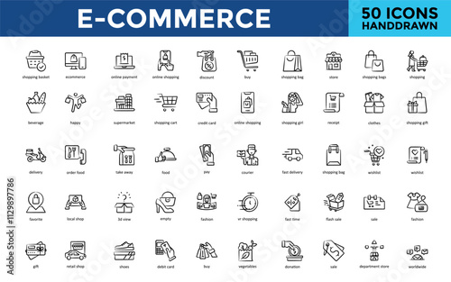 E-commerce icon set with shopping basket, e commerce, online payment, online shopping, discount, buy, shopping bag, store, shopping bags icon. Simple handdrawn vector 
