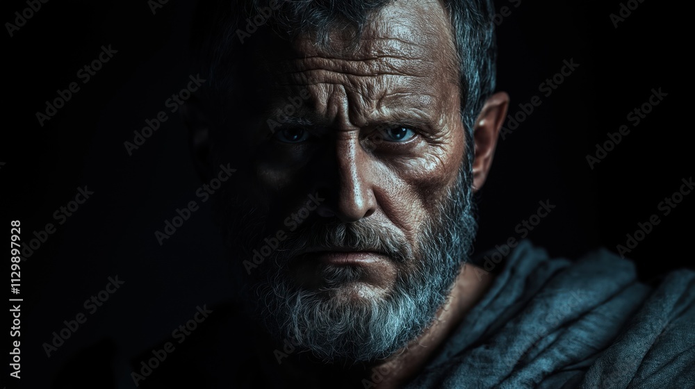 Mature man with weathered face, piercing eyes. Stoic expression. Draped toga. High contrast chiaroscuro lighting. Ancient wisdom. Intense stare. Serious. Philosopher. History. Thoughtful. Dramatic Mature man with weathered face, piercing eyes. Stoic expression. Draped toga. High contrast chiaroscuro lighting. Ancient wisdom. Intense stare. Serious. Philosopher. History. Thoughtful. Dramatic