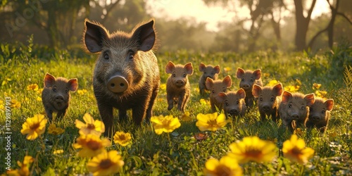 Wild Boar Family Foraging in Dawn s Golden Light High Resolution Wildlife Image photo