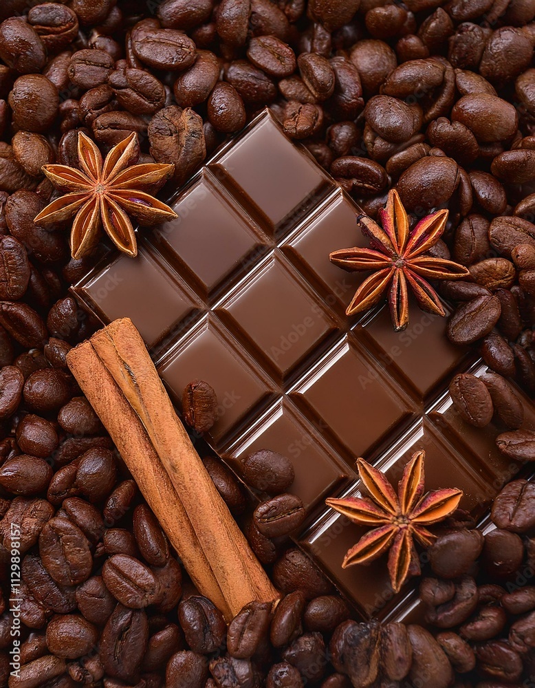 Dark chocolate bar rests on a bed of coffee beans and cinnamon sticks, accented with star anise. Dark chocolate bar rests on a bed of coffee beans and cinnamon sticks, accented with star anise.