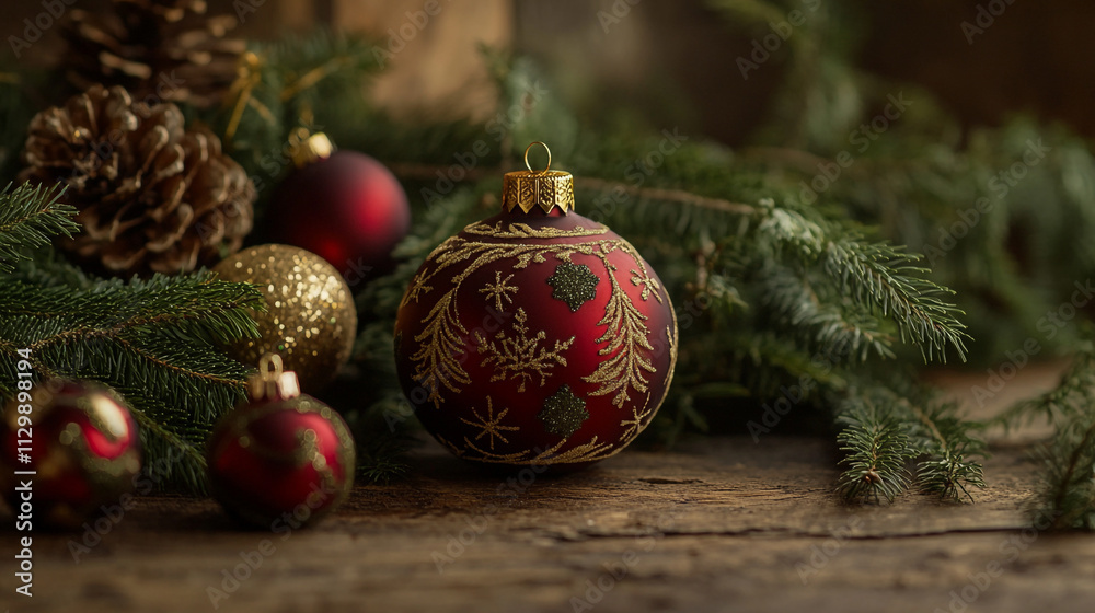 Beautifully decorated Christmas ornaments arranged on a rustic wooden table with greenery Beautifully decorated Christmas ornaments arranged on a rustic wooden table with greenery