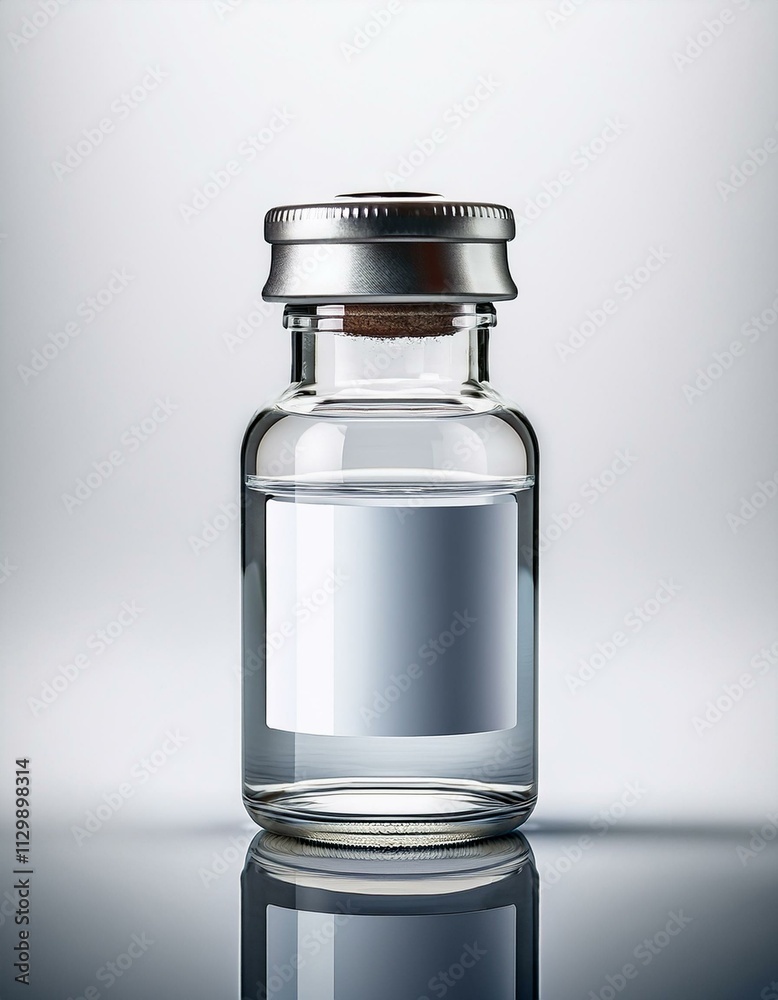 Clear glass vial with a silver cap and blank label. Medical or pharmaceutical concept. Clear glass vial with a silver cap and blank label. Medical or pharmaceutical concept.