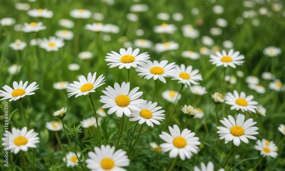 Soft focus on white chamomile flowers in a lush green field, floral, nature, peaceful Soft focus on white chamomile flowers in a lush green field, floral, nature, peaceful