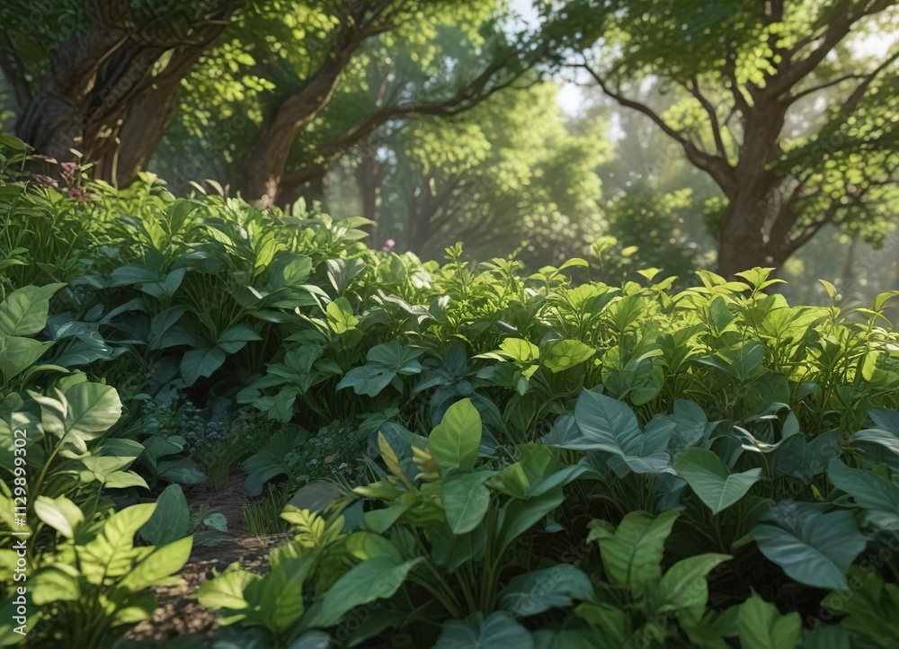 Dense foliage of spring greens with sunlit gaps and vibrant colors, dense, nature background Dense foliage of spring greens with sunlit gaps and vibrant colors, dense, nature background