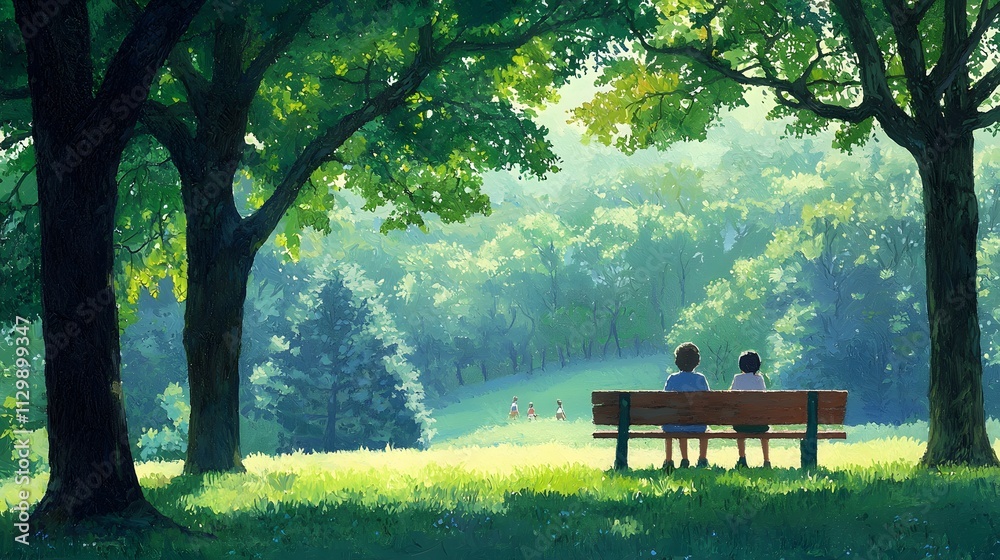 Two people sitting on a park bench under shady trees, overlooking a sunlit field with distant figures playing.