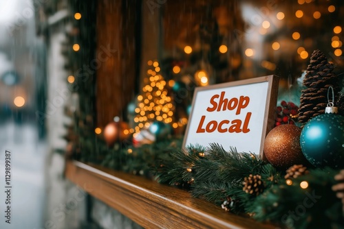 Shop window display decorated for Christmas. Christmas lights, ornaments adorn window. Sign says Shop Local. Image captures holiday spirit, local business promotion. Window displays festive photo