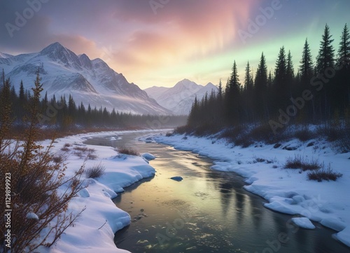 Ethereal glow of the aurora borealis illuminates the misty morning over the snow-covered Knik River in Alaska , morning, snow, winter photo