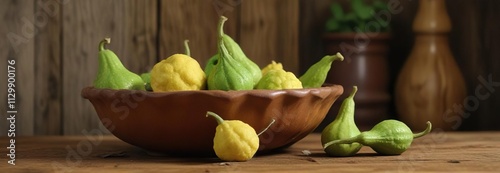 Fresh green ridge gourds and sponge gourds in a decorative bowl on a wooden surface, interior, arrangement photo