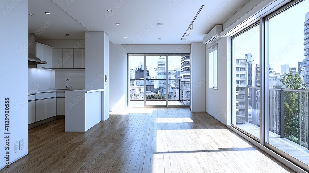 Fototapeta premium Modern empty apartment with city view and sunlight.