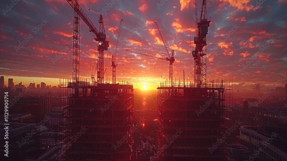 Naklejka premium Dramatic sunset over city construction site with multiple cranes.