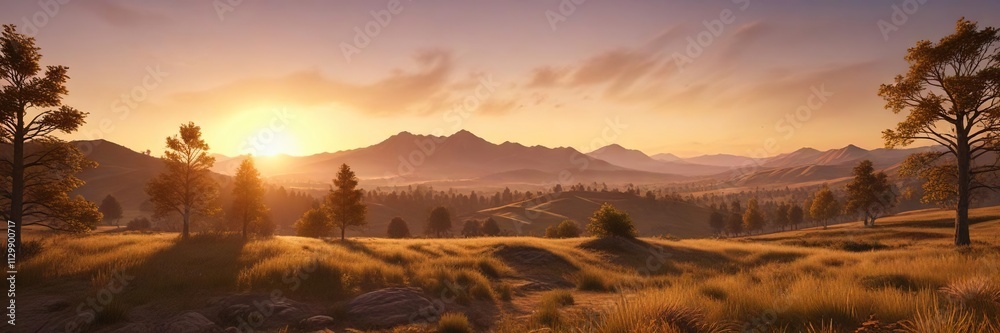 Golden sunrise landscape with hills and trees, earth tone, tree, warm color Golden sunrise landscape with hills and trees, earth tone, tree, warm color