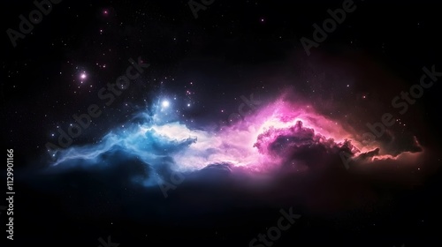 Vibrant nebula in space with pink and blue hues, stars, and cosmic dust.