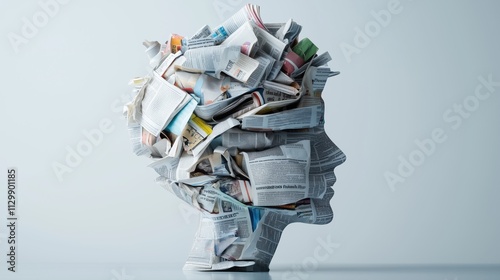 Profile silhouette of a human head made from crumpled newspaper articles, conceptual art symbolizing information overload and knowledge