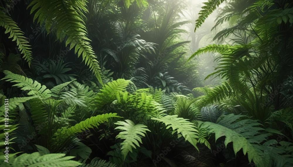 Large green leaves and ferns in a dense jungle environment with dappled light, misty jungle, tropical plants Large green leaves and ferns in a dense jungle environment with dappled light, misty jungle, tropical plants