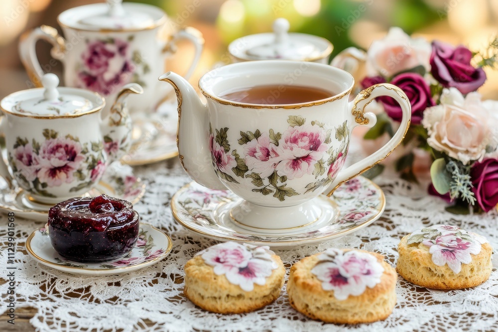 Timeless elegance tea party with classic porcelain set garden setting still life natural light serenity
