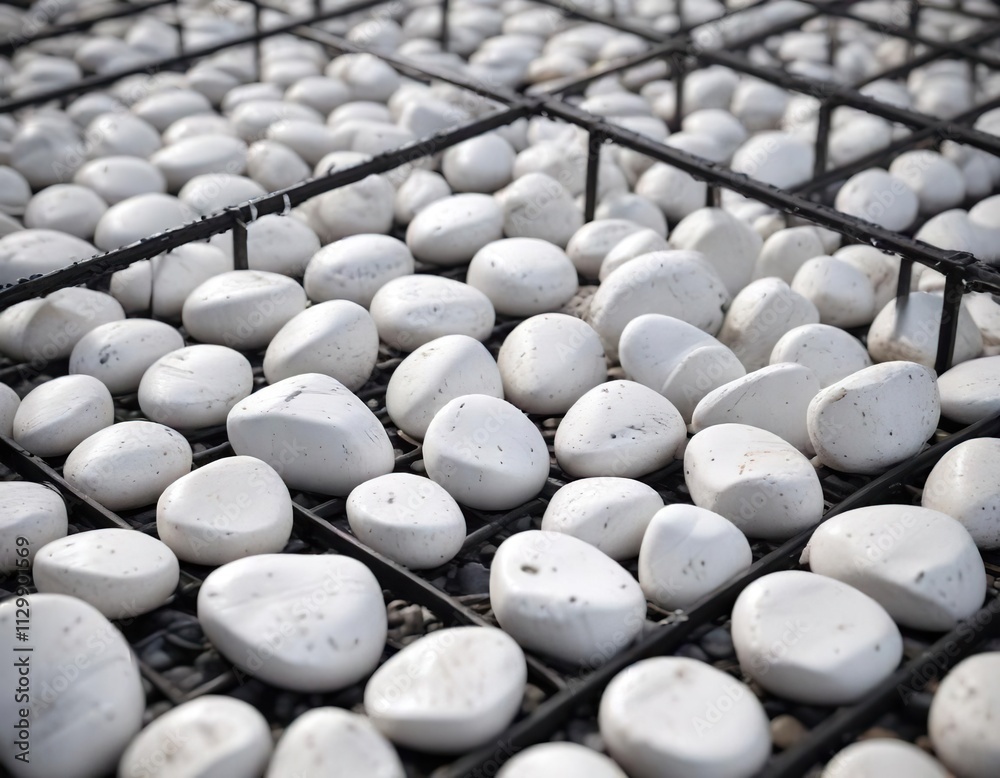 Large, smooth white stones displayed through a steel grate , contemporary, large Large, smooth white stones displayed through a steel grate , contemporary, large