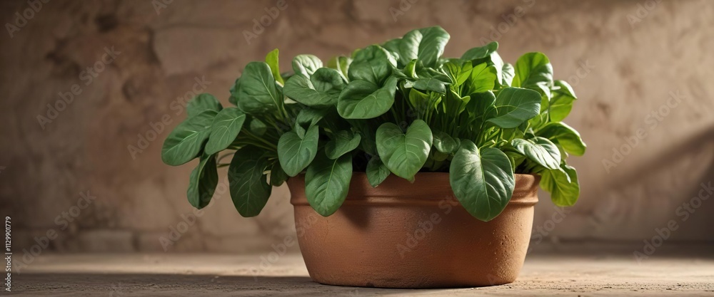 lush green spinach plant growing in a rustic clay pot , greenery, foliage lush green spinach plant growing in a rustic clay pot , greenery, foliage