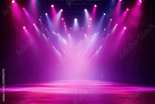 Empty Stage with Colorful Spotlights Shining Down in a Dramatic Setting for Performances or Events