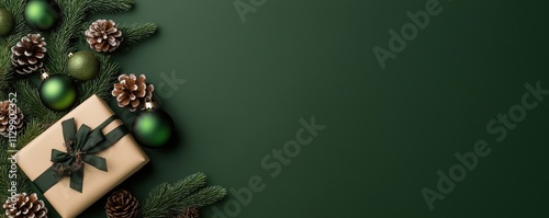 Sustainable Christmas gift sale promotion. Green gifts, decorations arranged on dark green backdrop. Gift box wrapped in kraft paper with dark green ribbon, festive pine cones. Eco-friendly photo