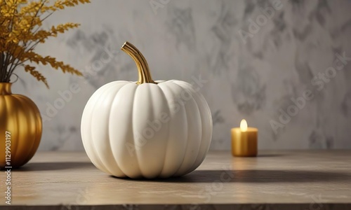 Stylish white pumpkin with golden base in minimalist setting, luxury, upscale, clean