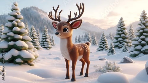 3d illustration of a reindeer sitting happily on snow with soft winter lights and holiday spirit all around. photo