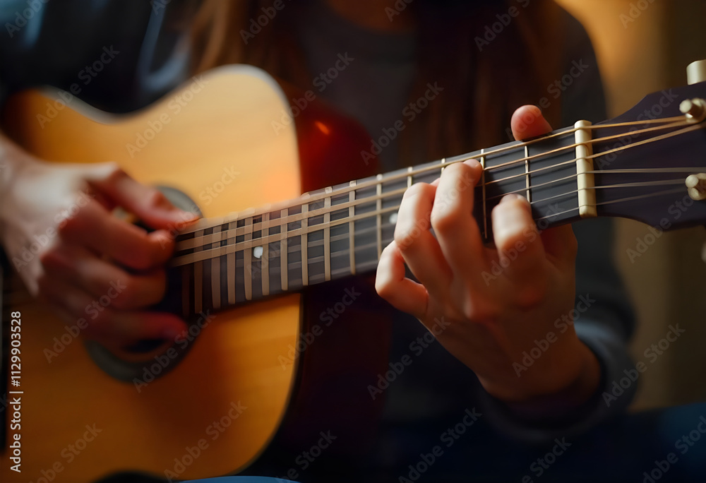 Obraz premium hands plucking guitar strings and playing beautiful song notes 8k ai generated