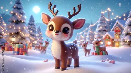 3d illustration of a reindeer sitting happily on snow with soft winter lights and holiday spirit all around.