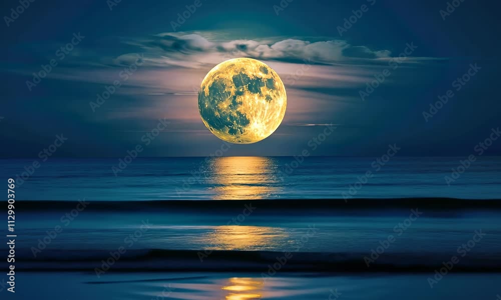 Full moon reflecting on dark, serene ocean waves at night