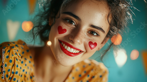 joyful woman with heart shaped face paint and red lipstick smiles brightly, showcasing her playful spirit and vibrant personality