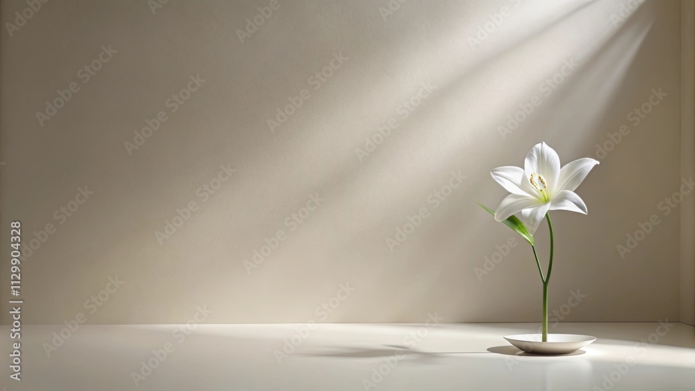 Serene Minimalist Still Life Single White Flower in a Shallow Dish Against a Neutral Background with Sunlight Streaming Through Serene Minimalist Still Life Single White Flower in a Shallow Dish Against a Neutral Background with Sunlight Streaming Through