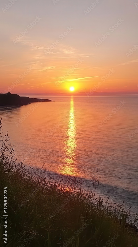 Sunset over a flat ocean horizon, soft orange and pink tones reflecting in the calm water, serene simplicity Sunset over a flat ocean horizon, soft orange and pink tones reflecting in the calm water, serene simplicity