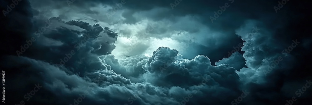 Obraz premium Dramatic Dark Clouds with Green and Blue Tones Illuminated by Light Breaks in the Overcast Sky Creating an Atmospheric Scene