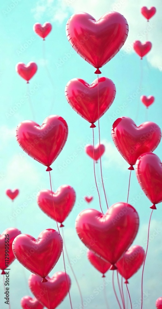 Valentine's Day heart-shaped balloons floating in the air, delightful, colorful, joyful Valentine's Day heart-shaped balloons floating in the air, delightful, colorful, joyful