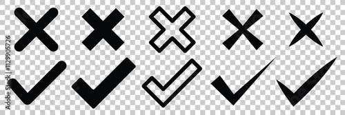 Tick and cross button. Check marks doodle set. Checkbox, checklist, tick and cross signs, v and x in sketch style. Confirm and deny line art colored icon for apps and websites. Vector illustration